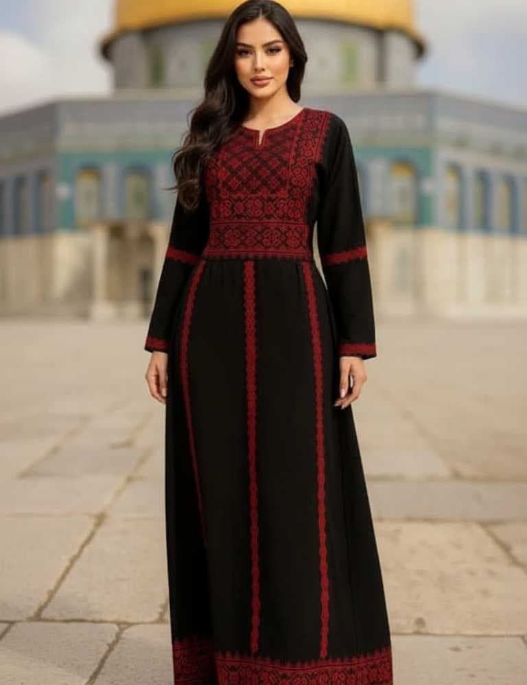 abaya features exquisite traditional Palestinian embroidery red  L
