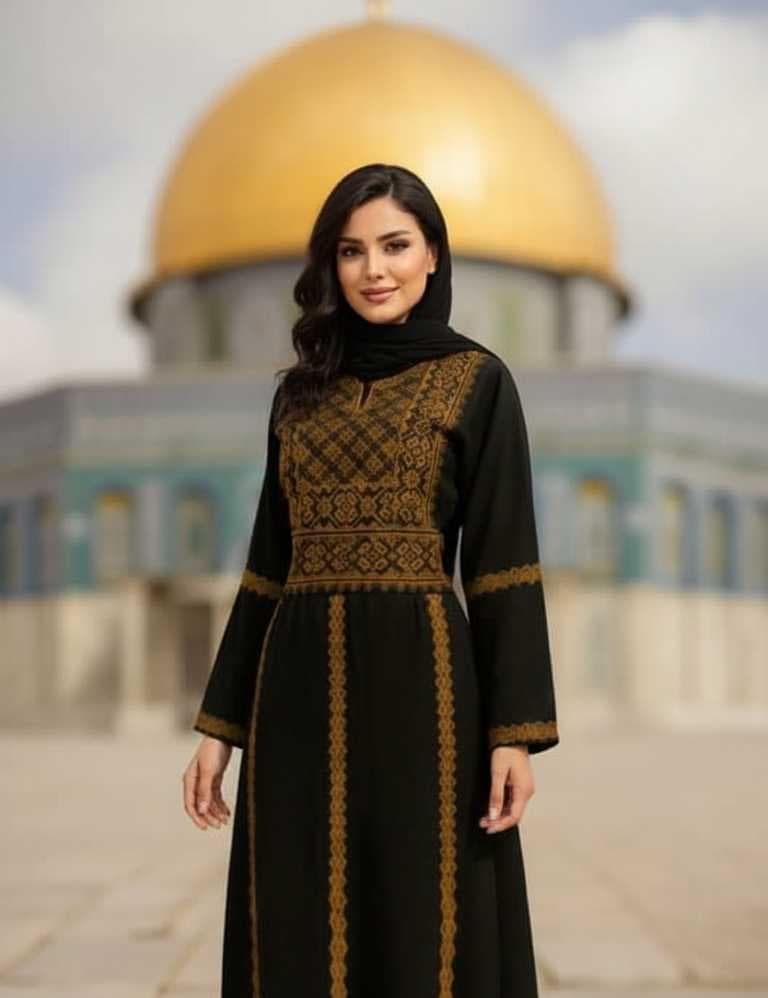 abaya features exquisite traditional Palestinian embroidery Light brown M