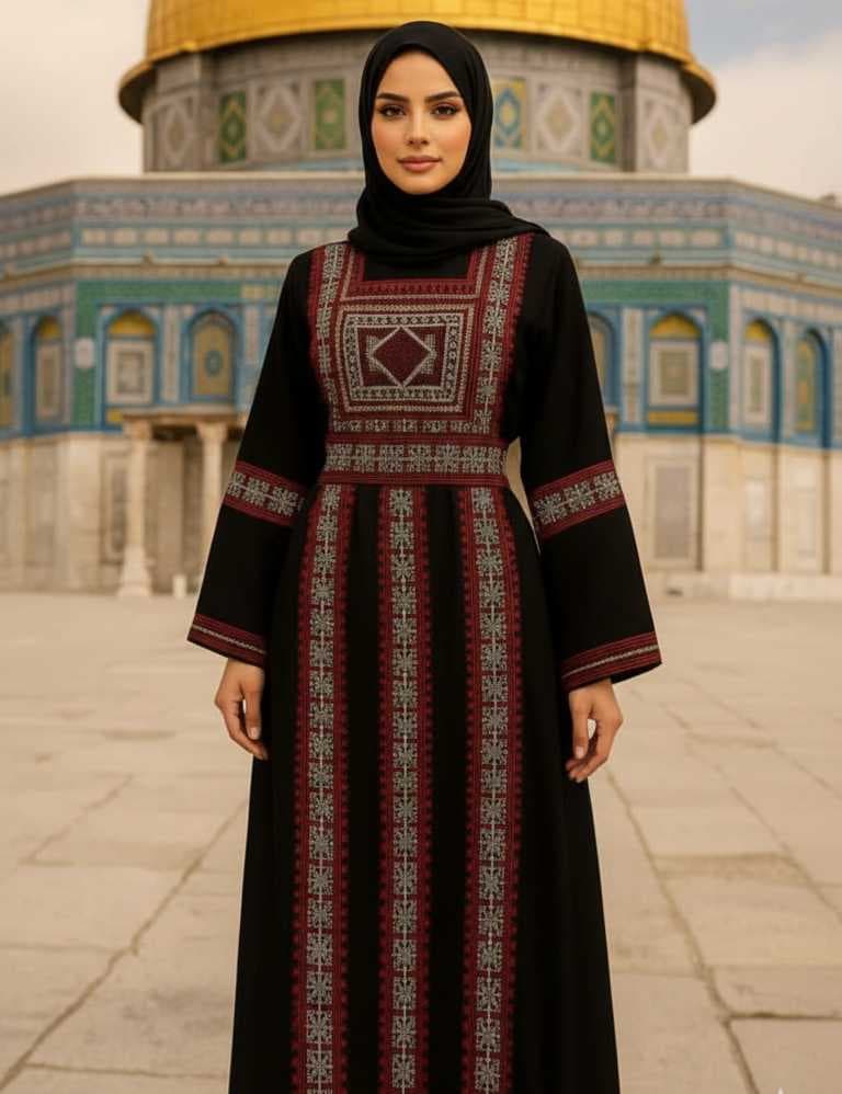 abaya designed with elegant Palestinian embroidery red XL