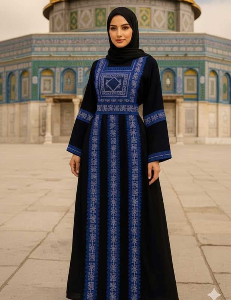 abaya designed with elegant Palestinian embroidery Blue XL